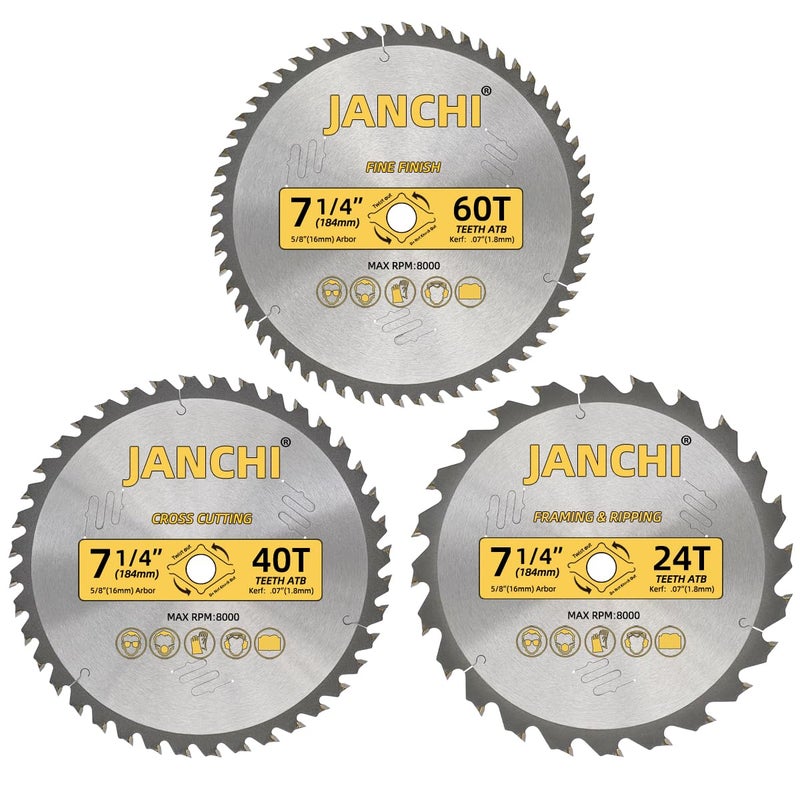 Jianchi 3Pack Combo 7-1/4 Inch 24T&40T&60T Woodworking Saw Blades with 5/8" Arbor, 0.06" Thin Kerf Alternating Top Bevel Tungsten Carbide Teeth Circular Saw Table Saw Blade, Ideal for Various Woods Cutting - Image 1
